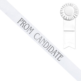 White Prom Candidate Sash, Silver Print