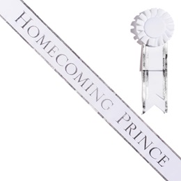 Homecoming Prince Sash with Rosette - White/Silver Edges