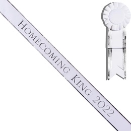 Homecoming King Year Sash With Rosette - White/Silver Edges