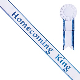 Homecoming King Sash and Rosette - White/Blue Edges