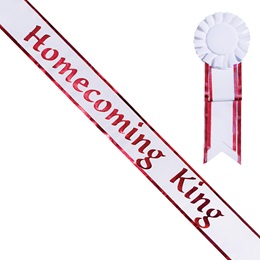 Homecoming King Sash and Rosette - White/Red Edges