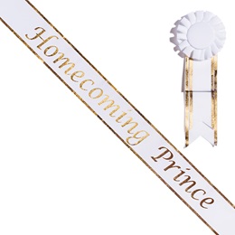 Homecoming Prince White Sash with Rosette - Gold Edges