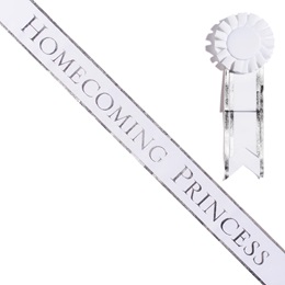 White and Silver 3 in. x 72 in. Homecoming Princess Sash With Rosette