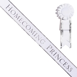 Homecoming Princess Sash with Rosette - White/Silver Edges