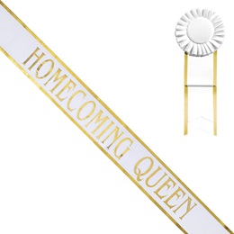 White 72 in. Gold Edged Homecoming Queen Sash With Rosette
