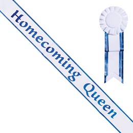 Homecoming Queen Sash and Rosette - White/Blue Edges