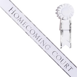 Homecoming Court Sash with Rosette - White/Silver Edges