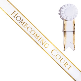 White 72 in. Gold Edged Homecoming Court Sash With Rosette