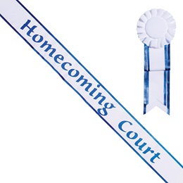 Homecoming Court White Sash with Rosette - White/Blue Edges