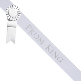 Prom King Sash With Rosette - White/Silver