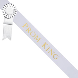 Prom King Sash With Rosette - White/Gold