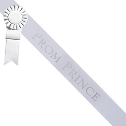 Prom Prince Sash With Rosette - White/Silver