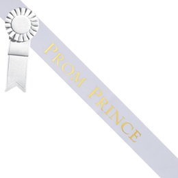 Prom Prince Sash With Rosette - White/Gold