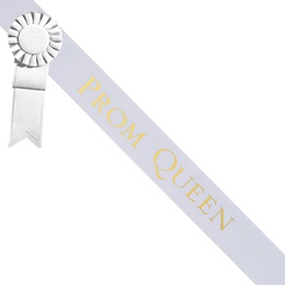 Prom Queen Sash With Rosette - White/Gold