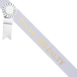 Prom Royalty Sash With Rosette - White/Gold